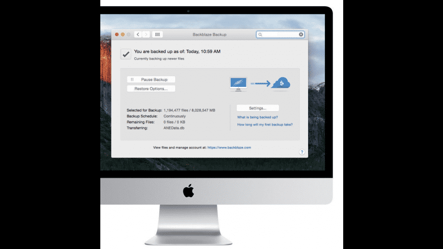 Backblaze Mac — backup status showing files being backed up to the cloud