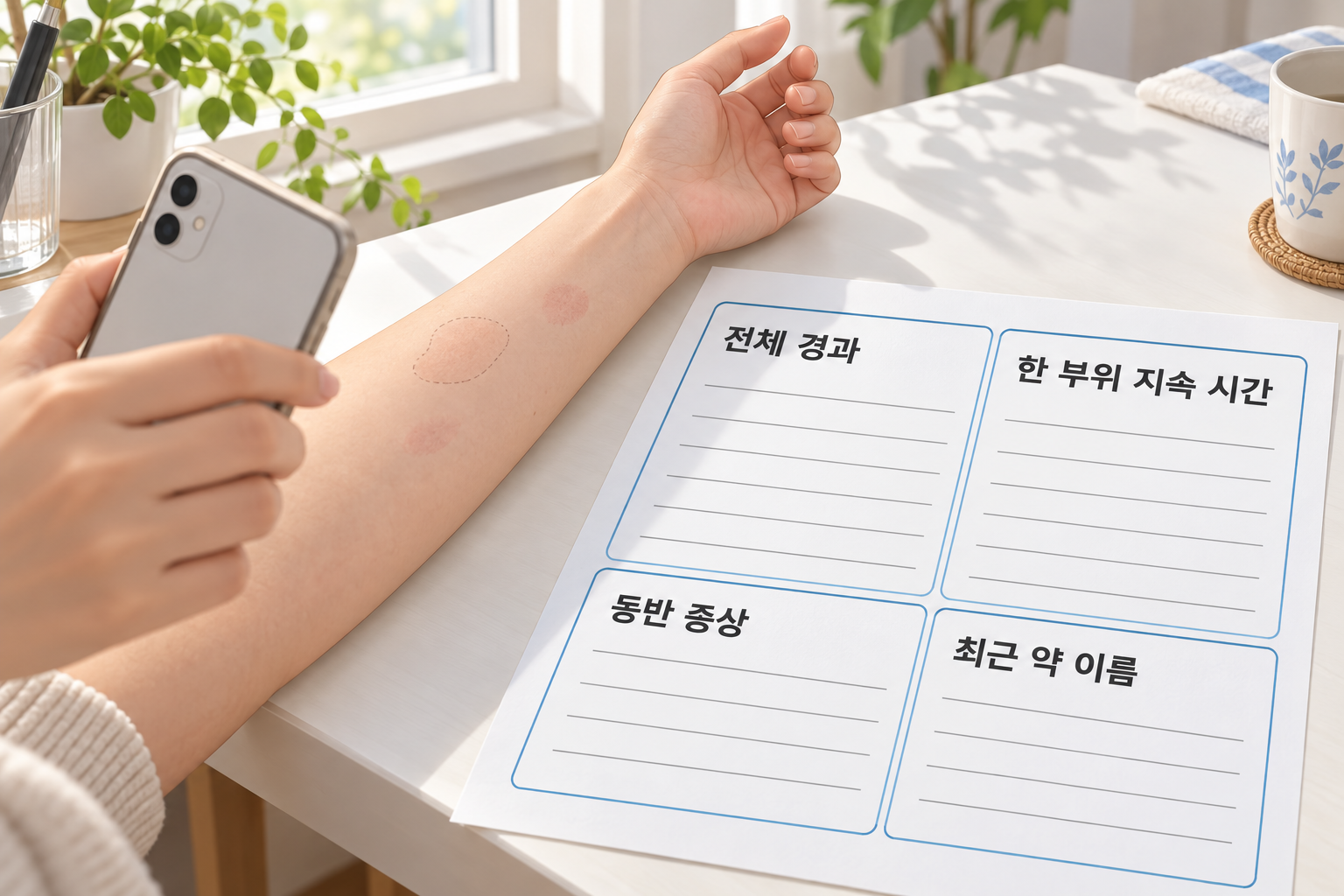 사진과 전체 경과·한 부위 지속 시간·동반 증상·최근 약 이름을 준비하는 AI 장면