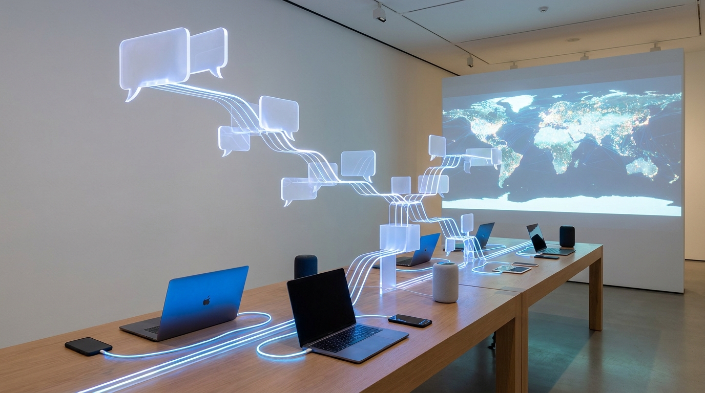 Image showing Google Multilingual AI translating speech and text across devices globally.