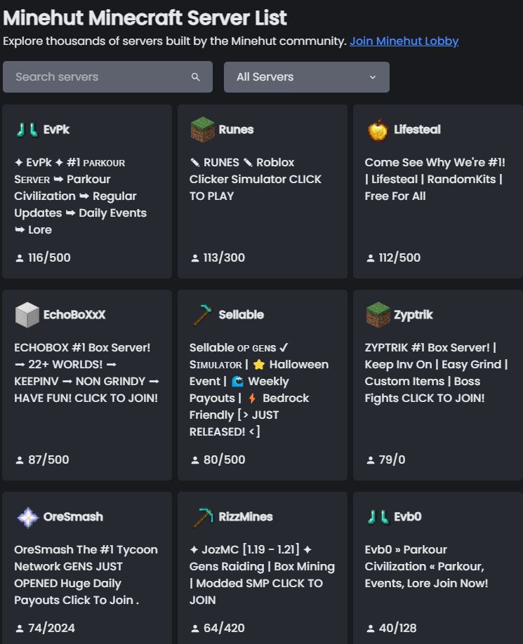 Minehut's Server List