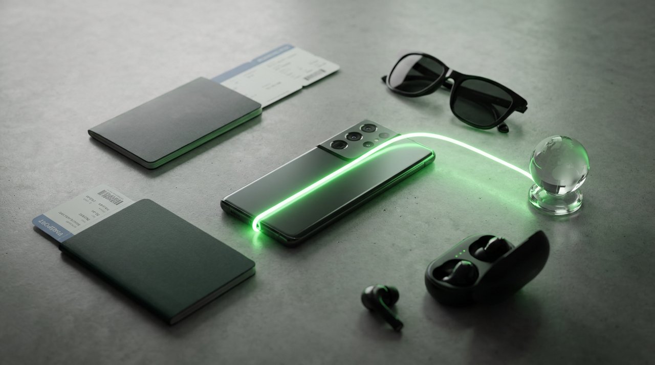 A phone with passport, boarding pass and sunglasses arranged as a travel translation kit