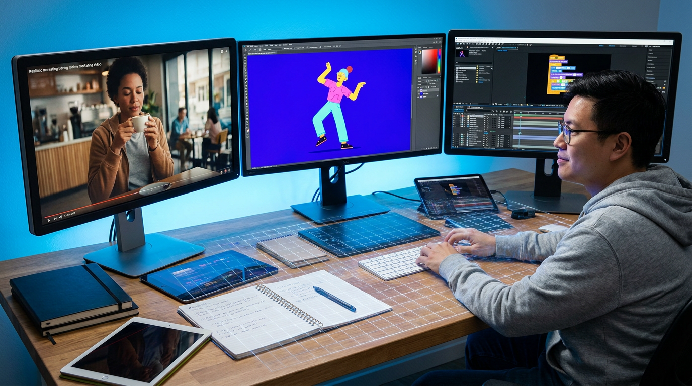 A content creator using multiple free AI video generators on various screens, showcasing the 'kit' approach to content creation.