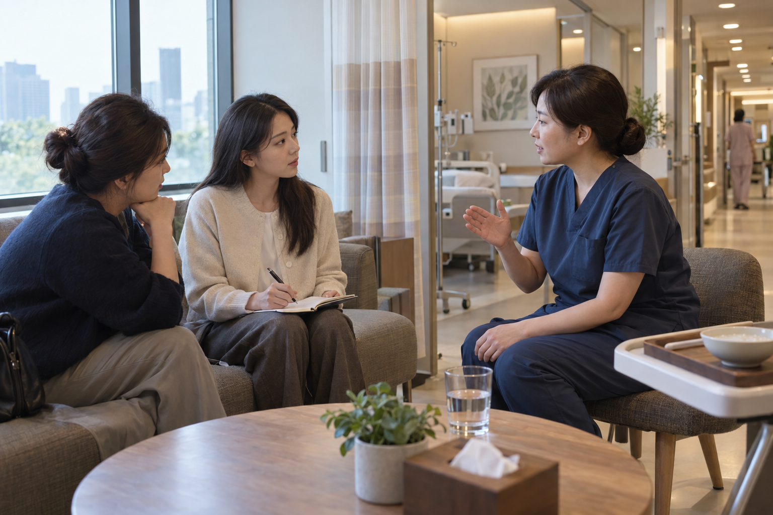 수면 위내시경 뒤 조직검사 여부와 물·식사 지시를 확인하는 설명용 생활 장면