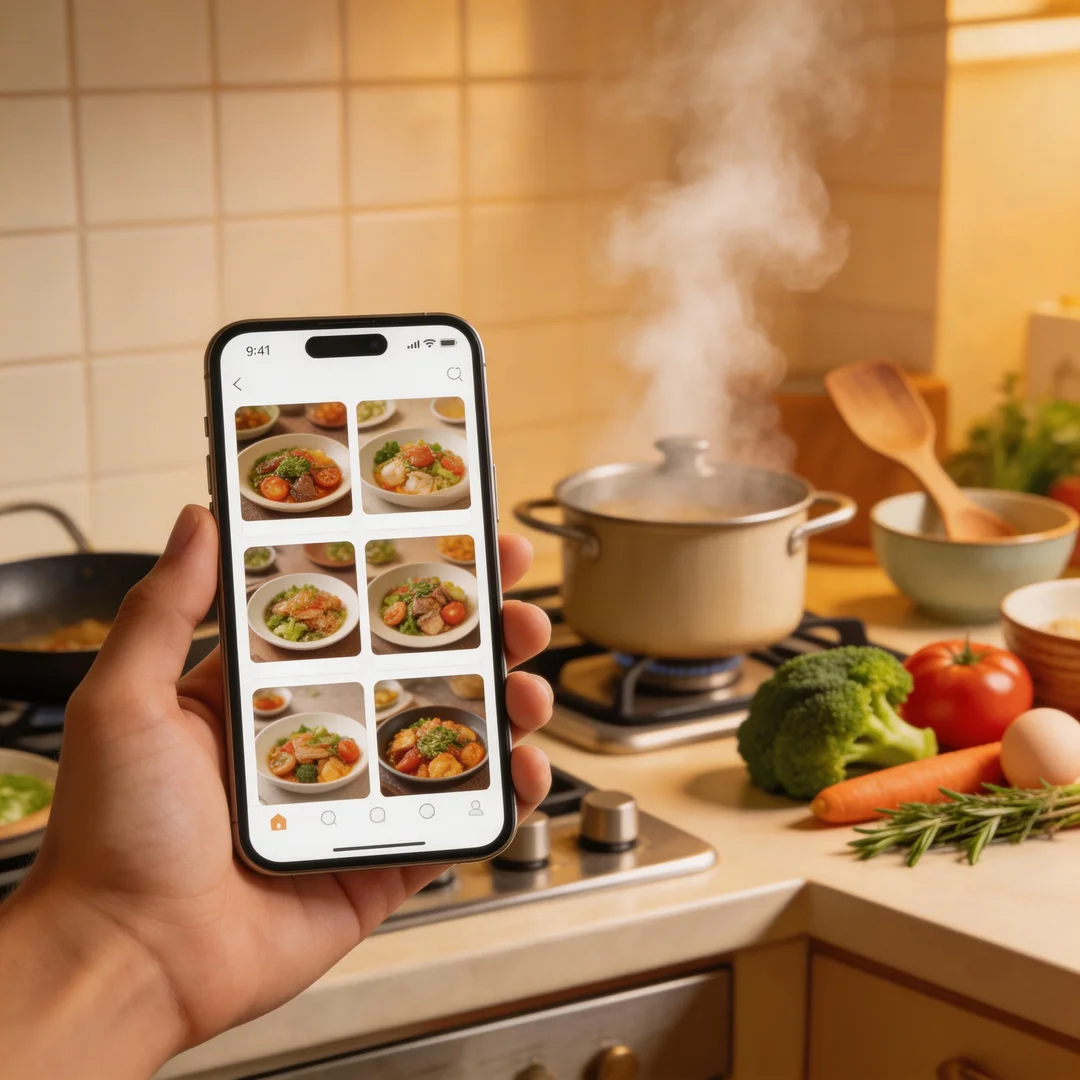 ユーザーがキッチンでCookGoアプリを使いながら料理している様子。スマートフォン画面にレシピの材料リストが表示されている。温かみのある自然光のキッチン