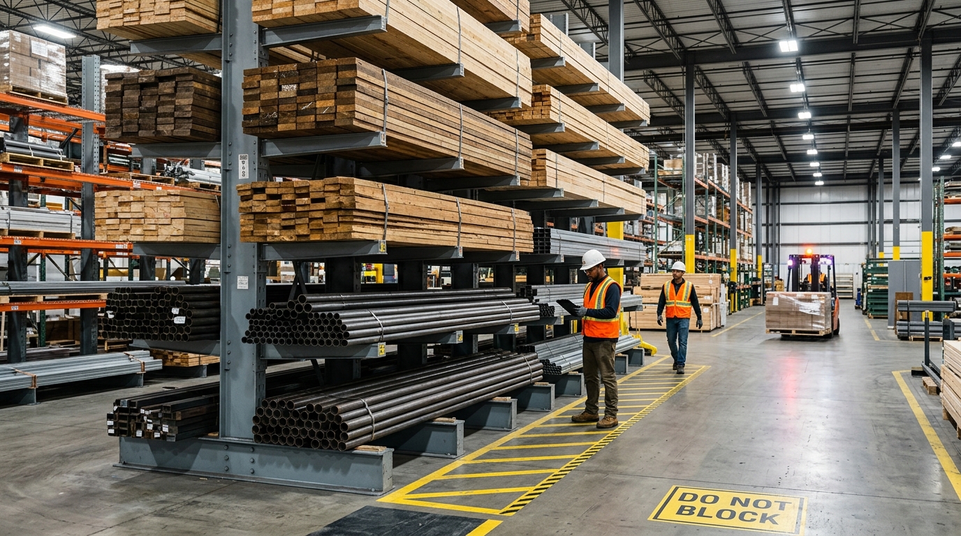 Steel cantilever racking system loaded with lumber and long materials