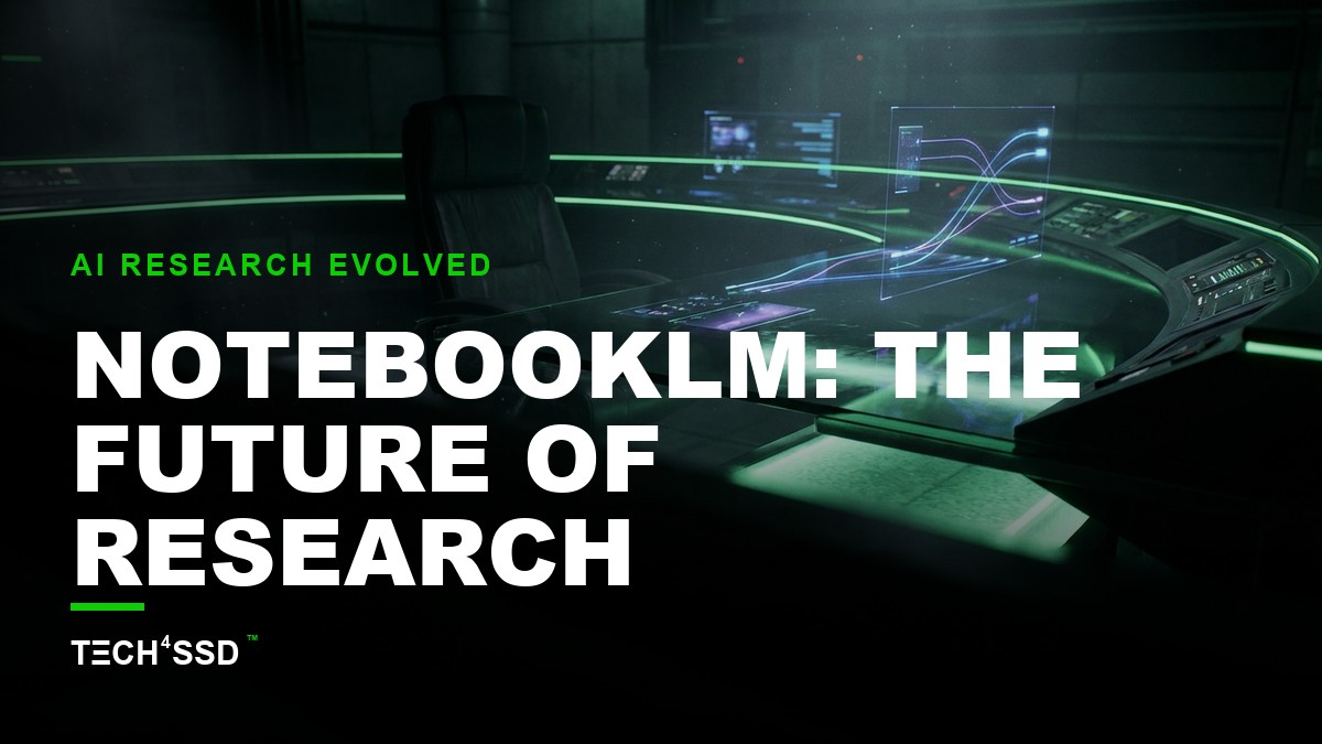 Futuristic digital notebook interface with various content types flowing in and AI-generated outputs like a mind map and video player, highlighting NotebookLM's advanced AI research capabilities.