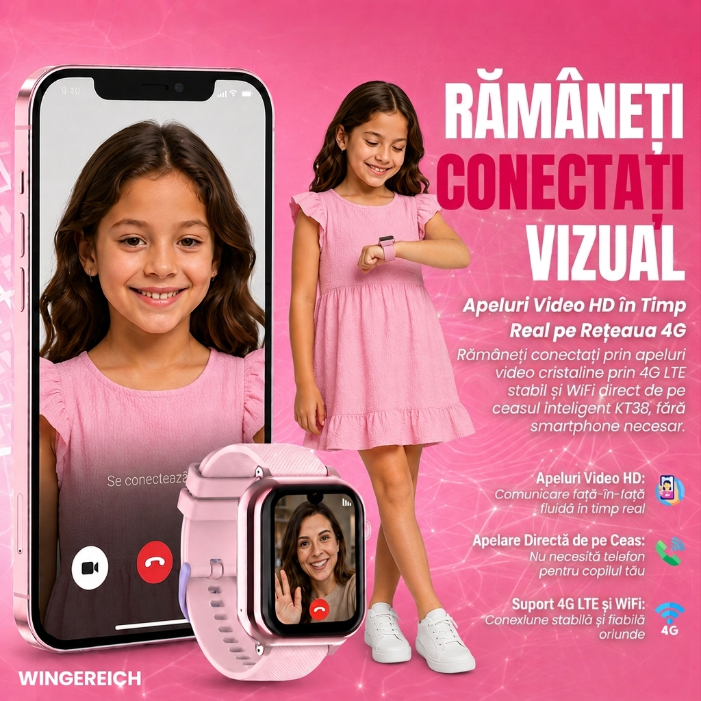 Ceas smartwatch Wingereich copii AI roz