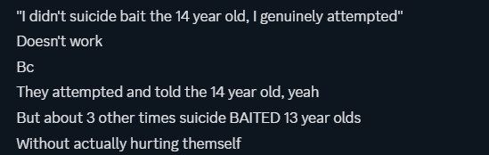 old message from her ex partner stating the amount of times she suibaited multiple young children at what i can only presume was around the time she was 17/18, which i shouldn't have to explain how wrong that is