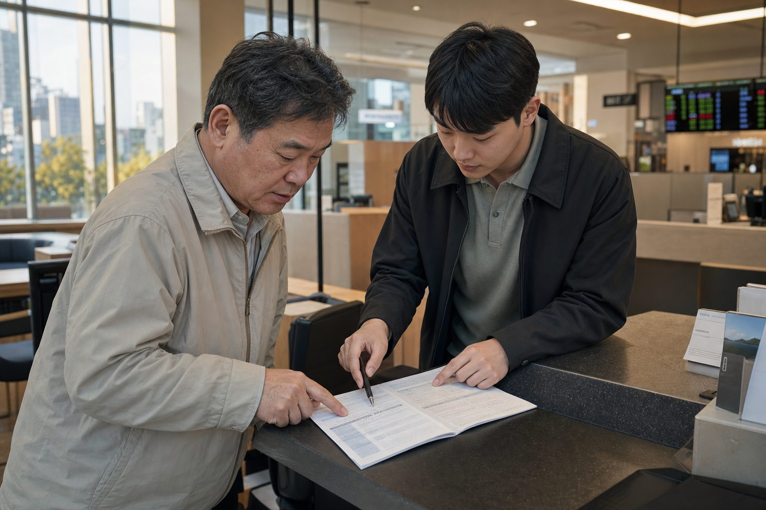 ETF 주문 전에 상품설명서의 과세 항목을 확인하는 투자자와 상담 직원