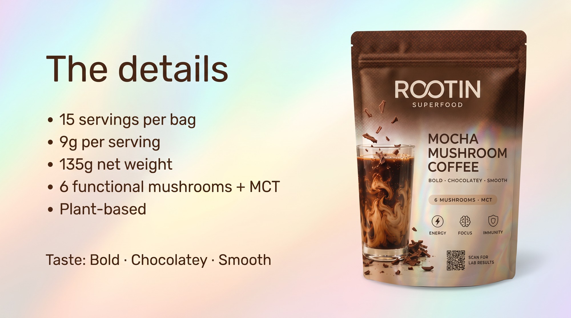 The details — 15 servings, 9g per serving, 135g net weight