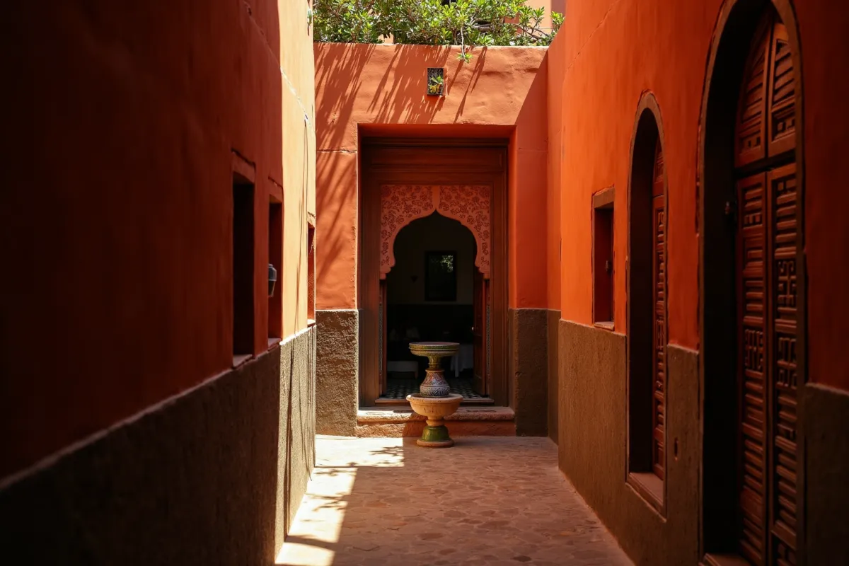 Marakeş Medina sokaklarında gün batımı, turuncu ve kırmızı tonlarında duvarlar, palmiye ağaçları