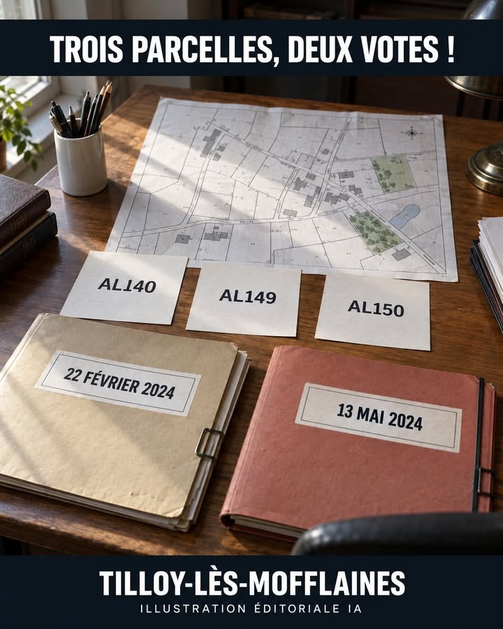 Bureau avec plan cadastral, trois étiquettes de parcelles, deux classeurs datés et un pot à stylos.