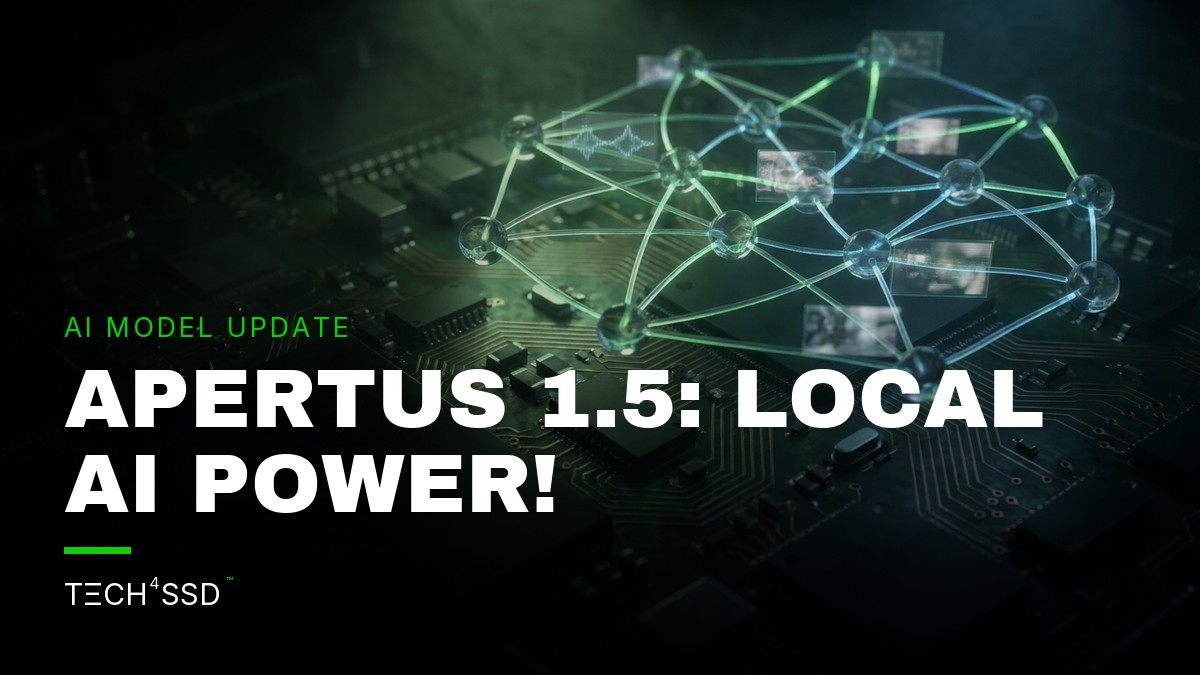 A stylized, glowing neural network diagram with interconnected nodes, some highlighting images and audio waveforms, overlaid on a circuit board background, symbolizing local processing and advanced Apertus 1.5 AI capabilities.