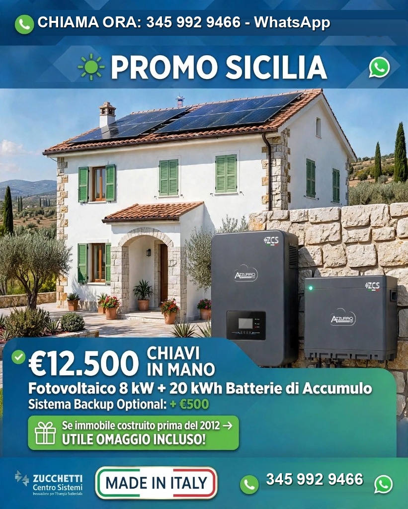 Promo Sicilia Fotovoltaico 8kW con 20kWh Accumulo ZCS Azzurro - Impianti Puleo