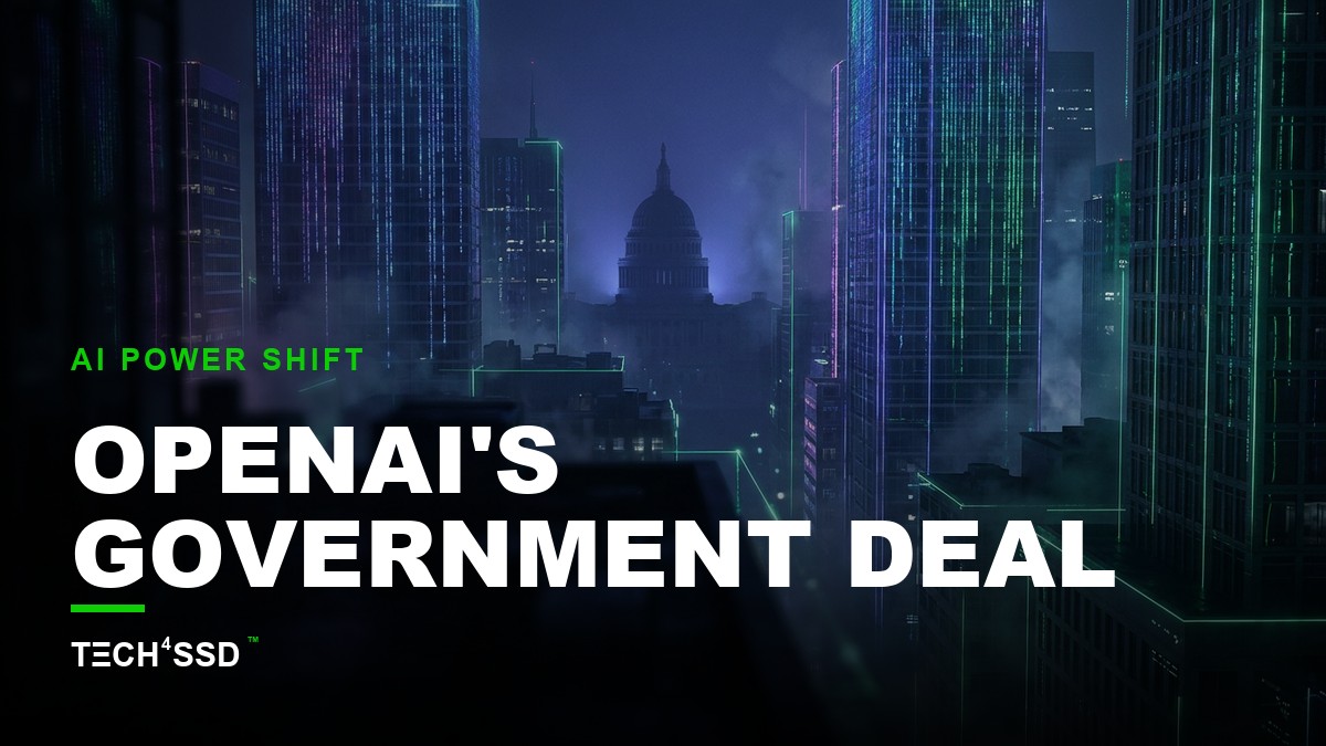 Stylized 5% icon glowing over a futuristic cityscape with digital data streams and the US Capitol Building, symbolizing OpenAI government stake.