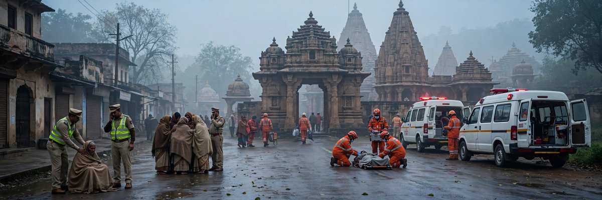 मध्य प्रदेश में मंदिर के पास सुबह राहत और बचाव कार्य का दृश्य