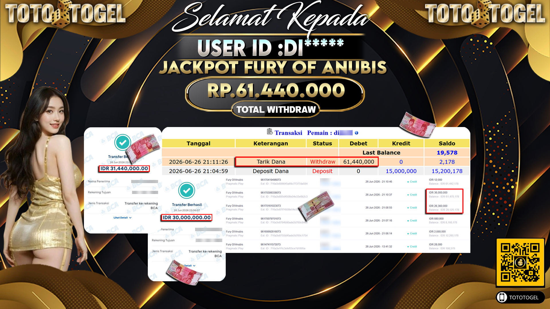 Bukti Pembayaran Jackpot Permainan Slot Fury Of Anubis ID:DI*****LUNAS