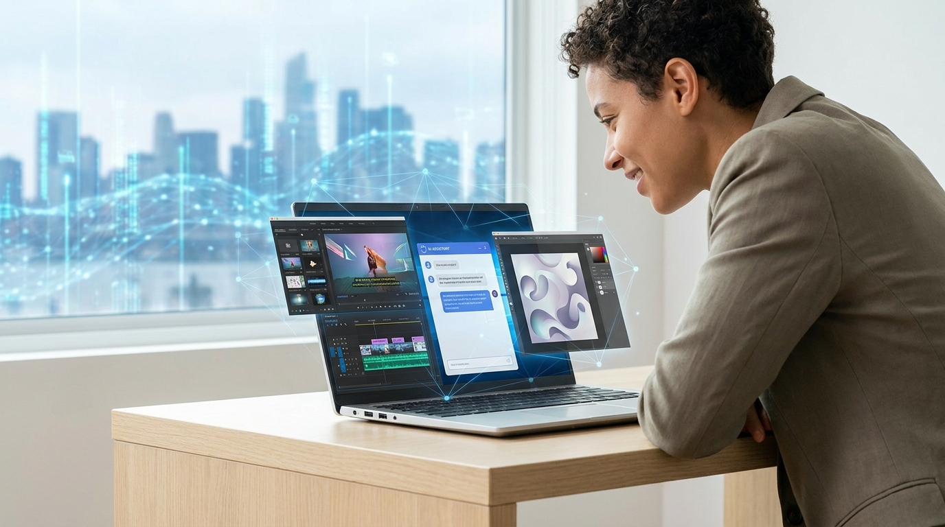 A solopreneur making money with AI tools on a laptop, displaying various AI interfaces for content creation and automation.