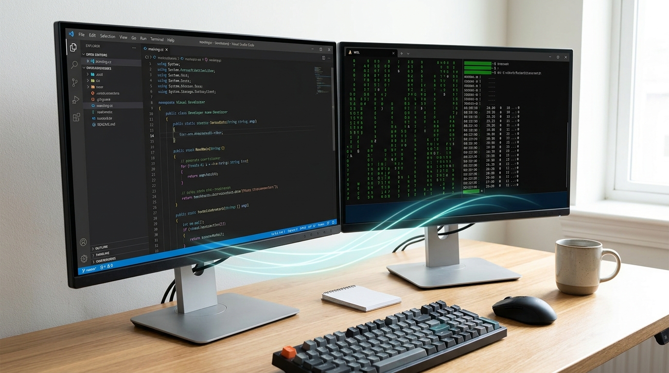 Windows application code in Visual Studio Code interacting with a Linux container in WSL, showing seamless development workflow.