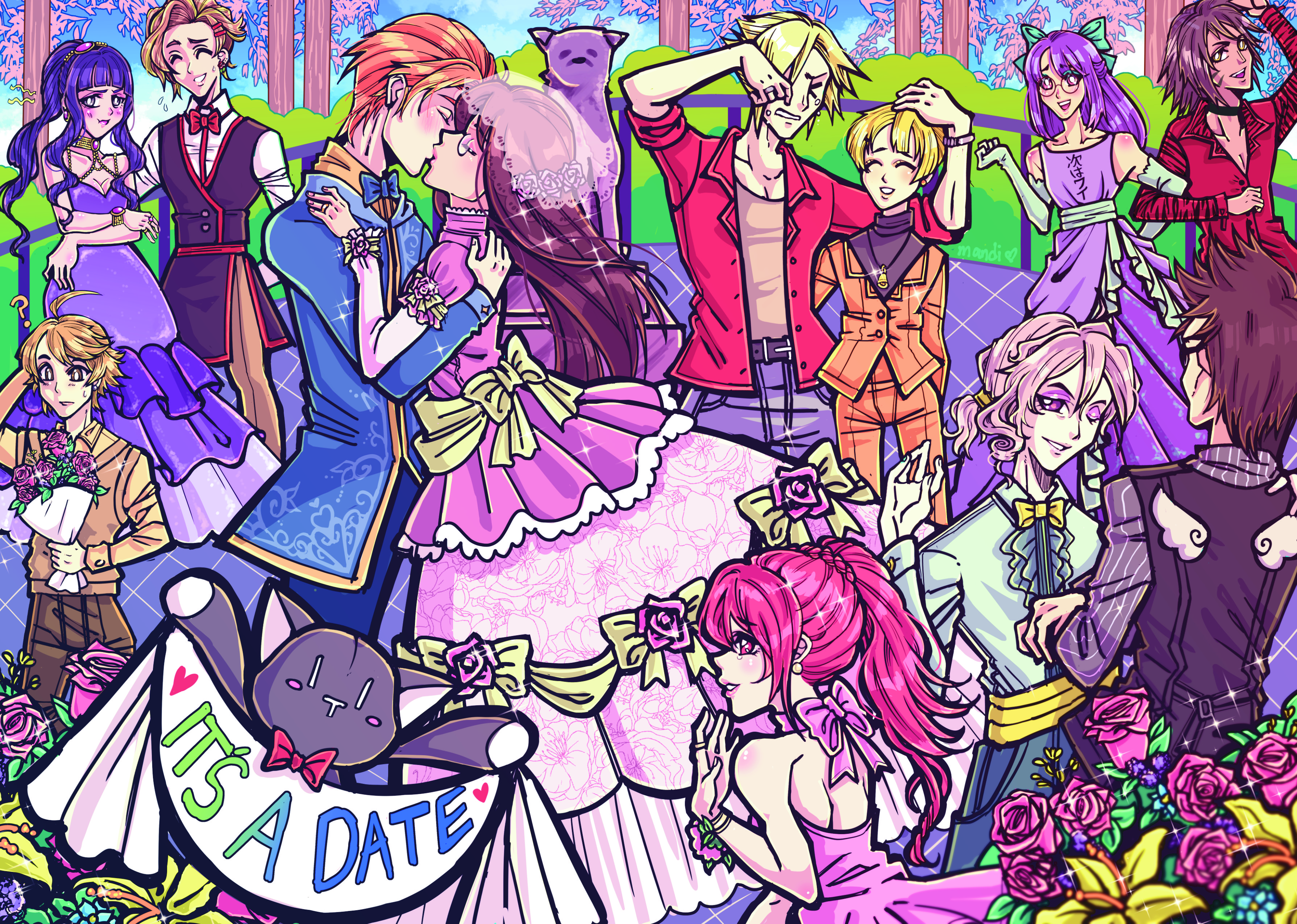 A digital illustration of Misaki and Sakuraba's wedding at the statue of Hachiko. The piece features Sakuraba and Misaki in the centre, kissing after having just been pronounced husband and wife. Kanade has caught the bouquet, with a blushing Sakurane looking at him while Furesawa tries to encourage her. Usui and Minamimoto have interlocked arms. Kiryu and Hanekoma are talking in a corner. Rhyme is comforting a Beat crying in happiness to see his friends so happy. Eri looks on with sparkly eyes. Mr. Mew wields a banner saying, 'It's a date!'