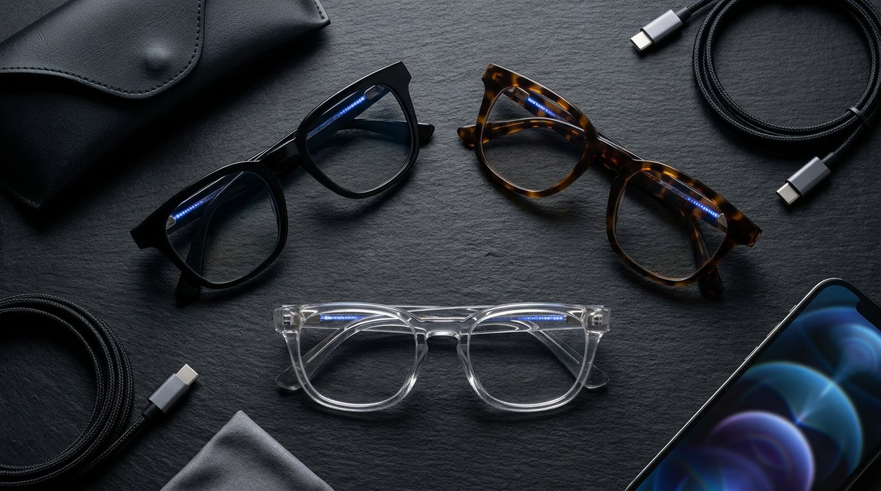 Flat-lay of three designer smart glasses pairs in different styles on slate surface