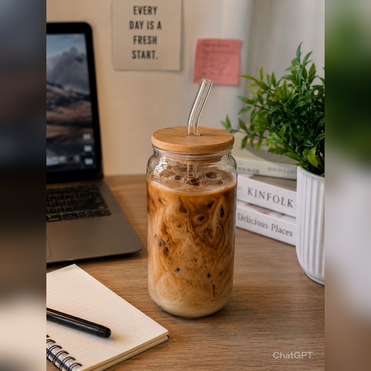 مج كانز زجاج بايركس بغطاء بامبو وشاليموه