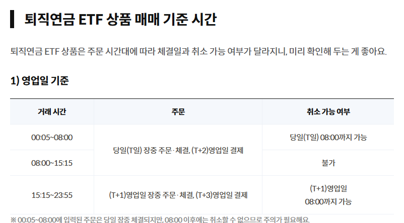 KB국민은행 ETF 거래 안내에서 체결과 T+2영업일 결제를 구분한 부분