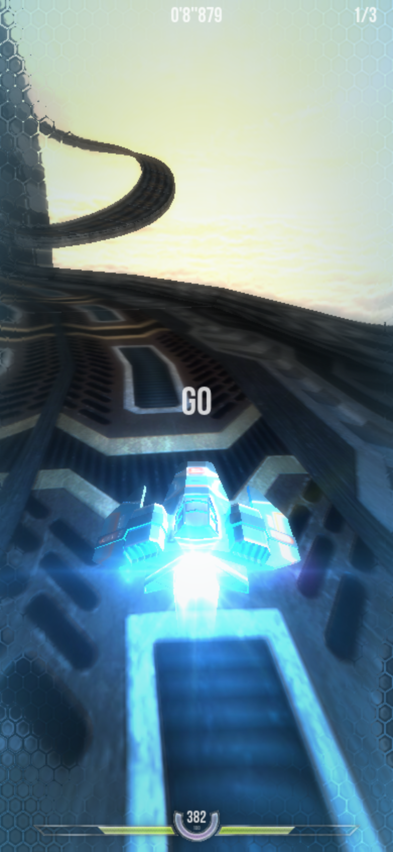 Neon GP 3D gameplay — hover ship on a boost pad