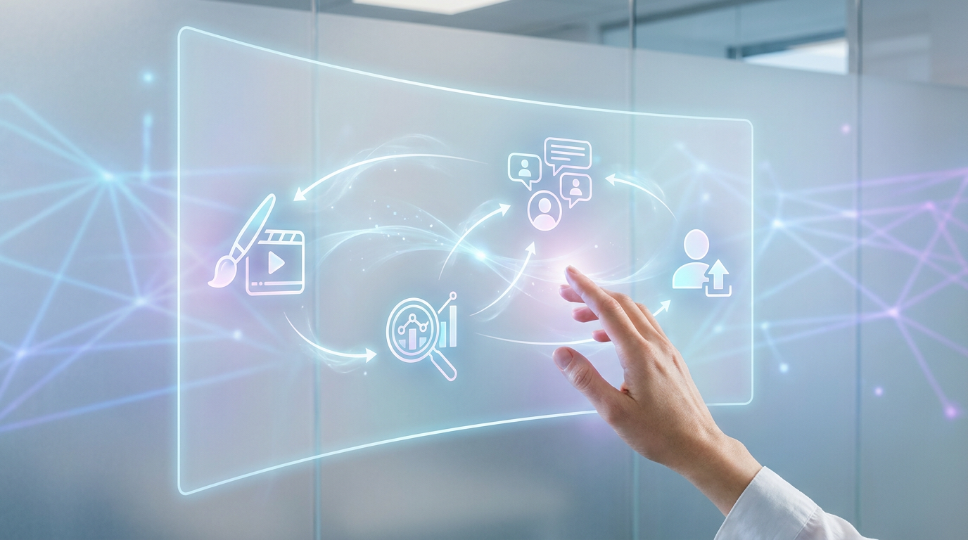 Digital dashboard with AI social media automation tools, showing data flow and interconnected icons for content, analytics, and social platforms.