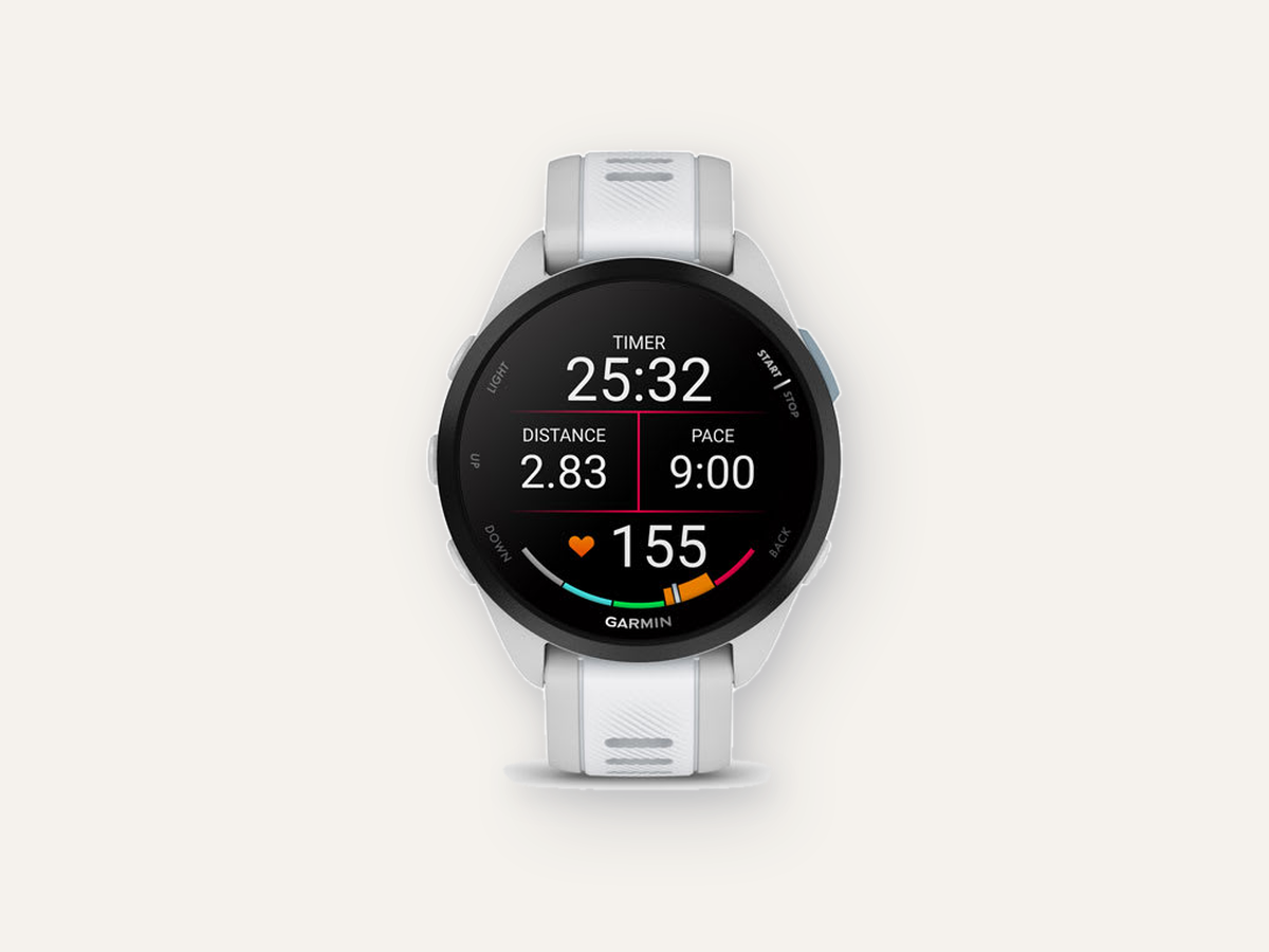 Garmin Forerunner 165 running watch with white strap