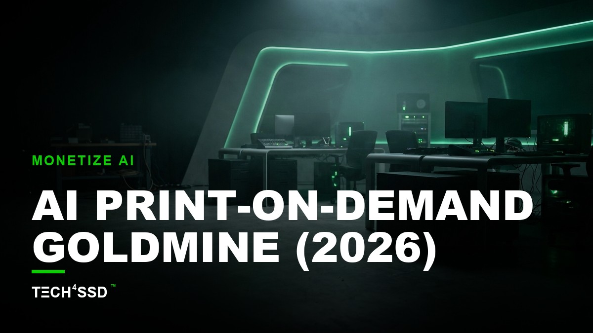 A digital art piece, clearly AI-generated, being displayed on various physical products like a t-shirt, a mug, and a phone case, all neatly arranged on a minimalist e-commerce display, representing the AI-powered print-on-demand business.