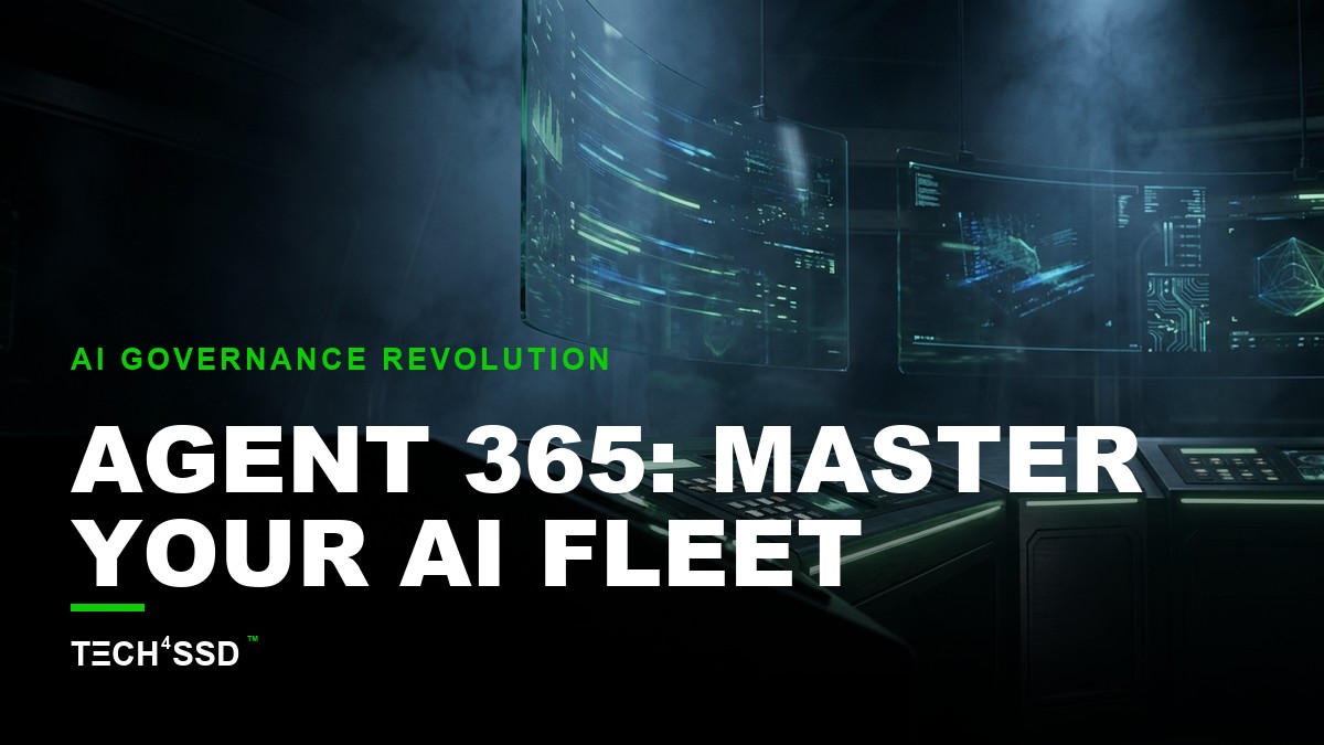 futuristic control room with holographic screens displaying Microsoft Agent 365 dashboard and interconnected AI agents, representing enterprise AI governance