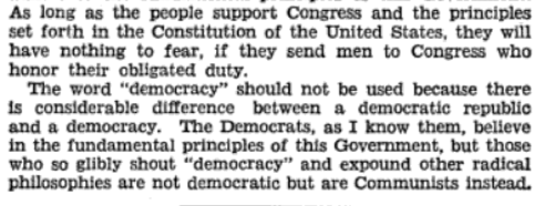 boake carter arguing that the word "democracy" should not be used because there is considerable difference between a democratic republic and a democracy"