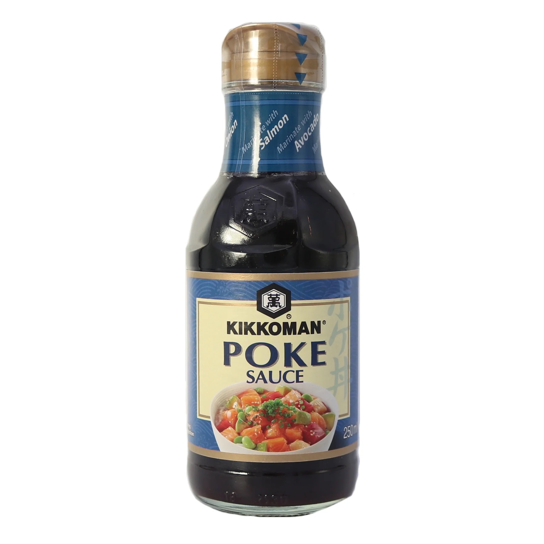 A 250ml glass bottle of Kikkoman Poke Sauce against a clean white background