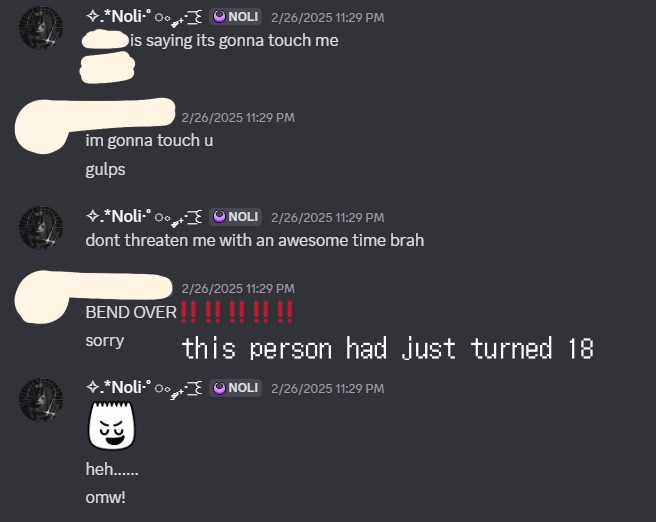 mel's weird interaction with ex mutual friend who had just turned 18 about 2 weeks prior to the conversation. even if this was a joke, it is not ok. this was when it was just me and her dating, which she would also frequently make very nsfw jokes with people while we were dating