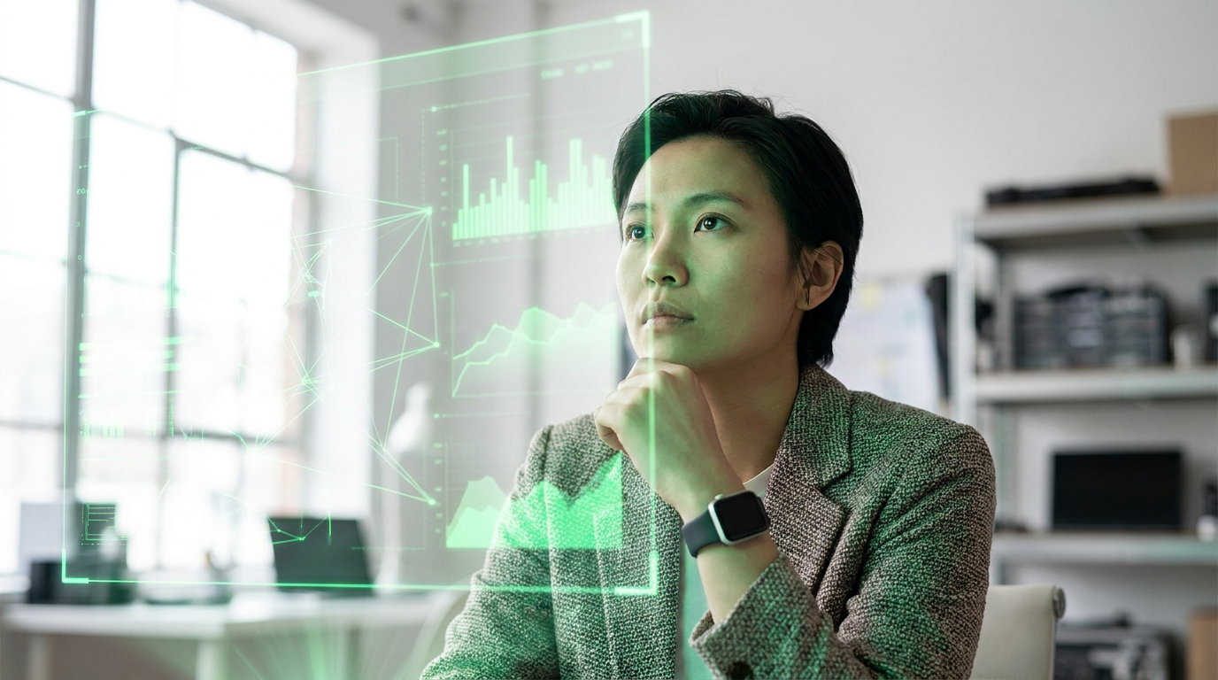 A creator or small business owner reviewing AI investment trends on a holographic display.