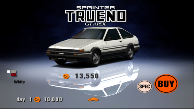 The Toyota Sprinter Trueno GT Apex AE86 in Gran Turismo 3 - yours for the low, low price of 13,550 credits.