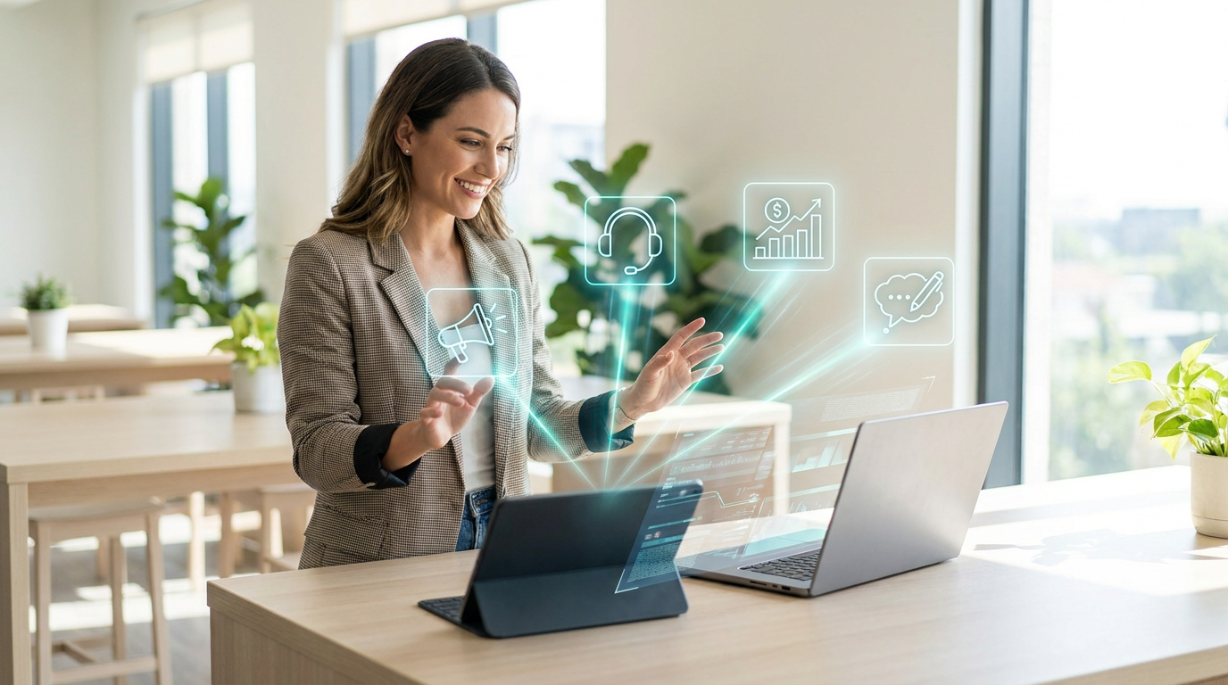 Small business owner using AI tools for various functions like marketing and finance, showing interconnected AI interfaces.