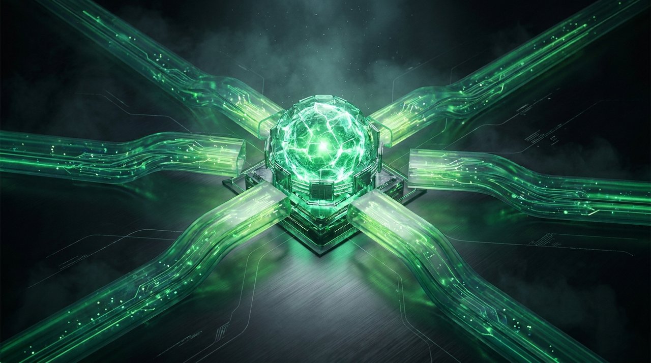 Diagram-style visualization of six glowing signals feeding into an AI answer engine, cyber-green