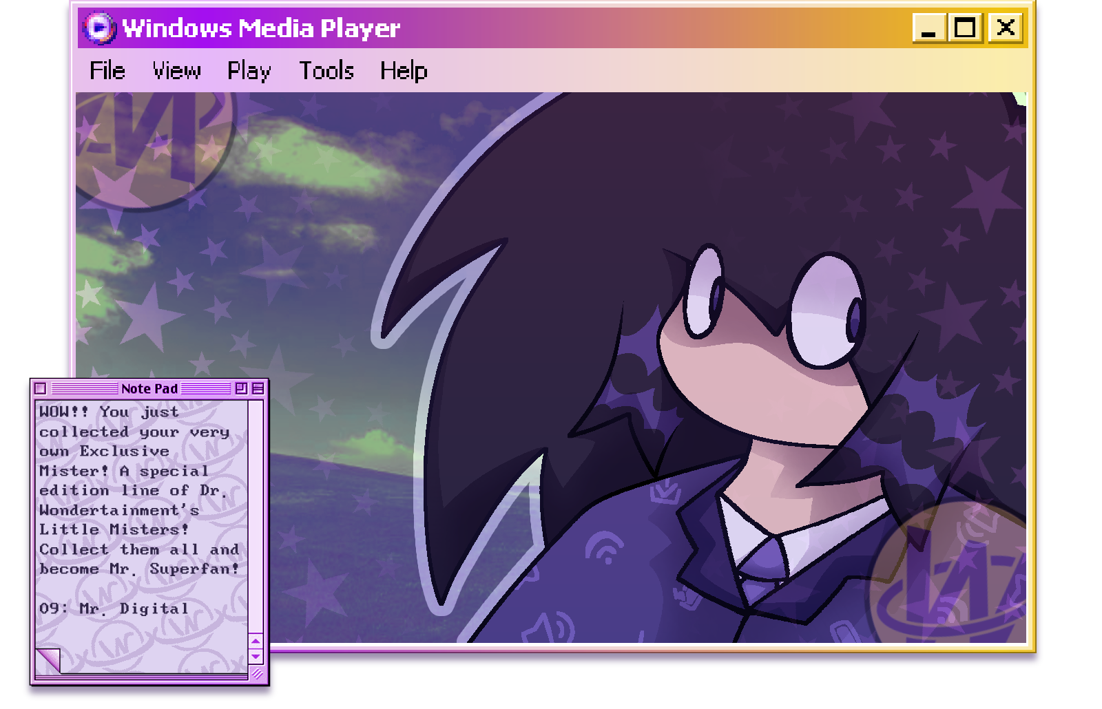 a banner featuring a little mister, with a textbox saying "WOW!! You just collected yourself your very own Exclusive Mister! A special line of Dr. Wondertainment's Little Misters! Collect them all and become Mr. Superfan! 09. Mr. Digital"