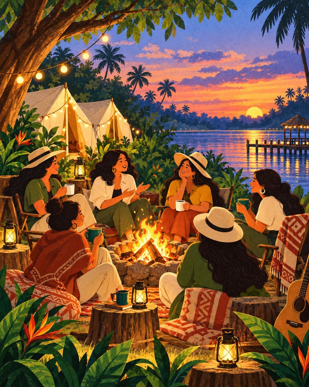 Teachers around a campfire at sunset by Bolgoda Lake