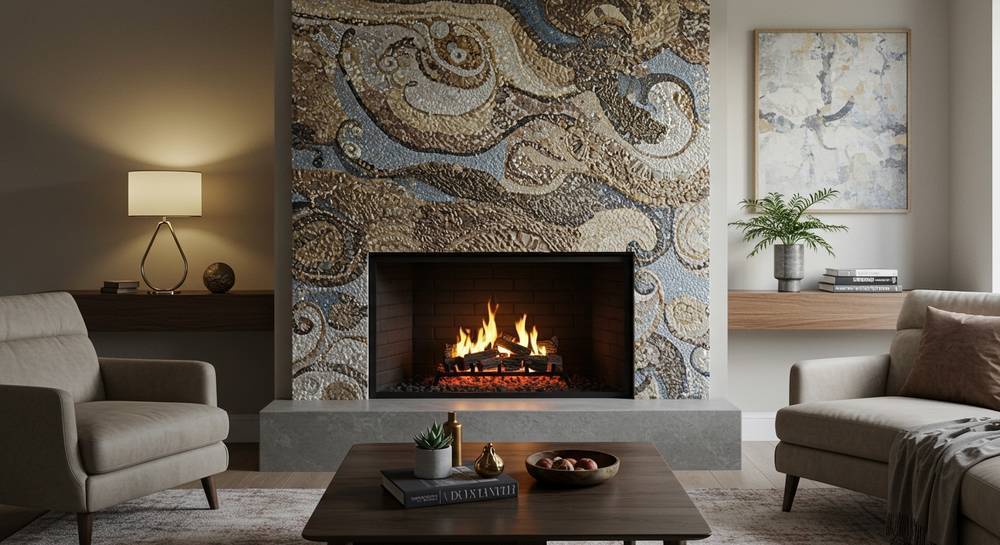 A customer's modern abstract mosaic art installation on a living room hearth, demonstrating integrated textural contrast mosaic design.