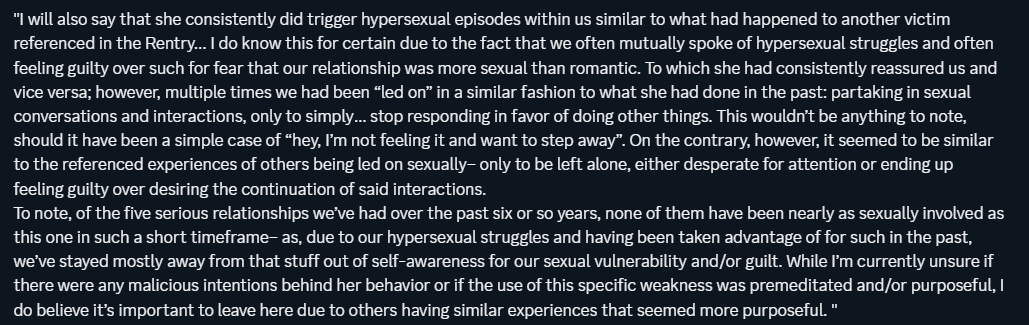 victim recalling a similar experience that happened to him, in basically the same exact format as my experience, which indicates this is a intentional, repeated behavior she does
