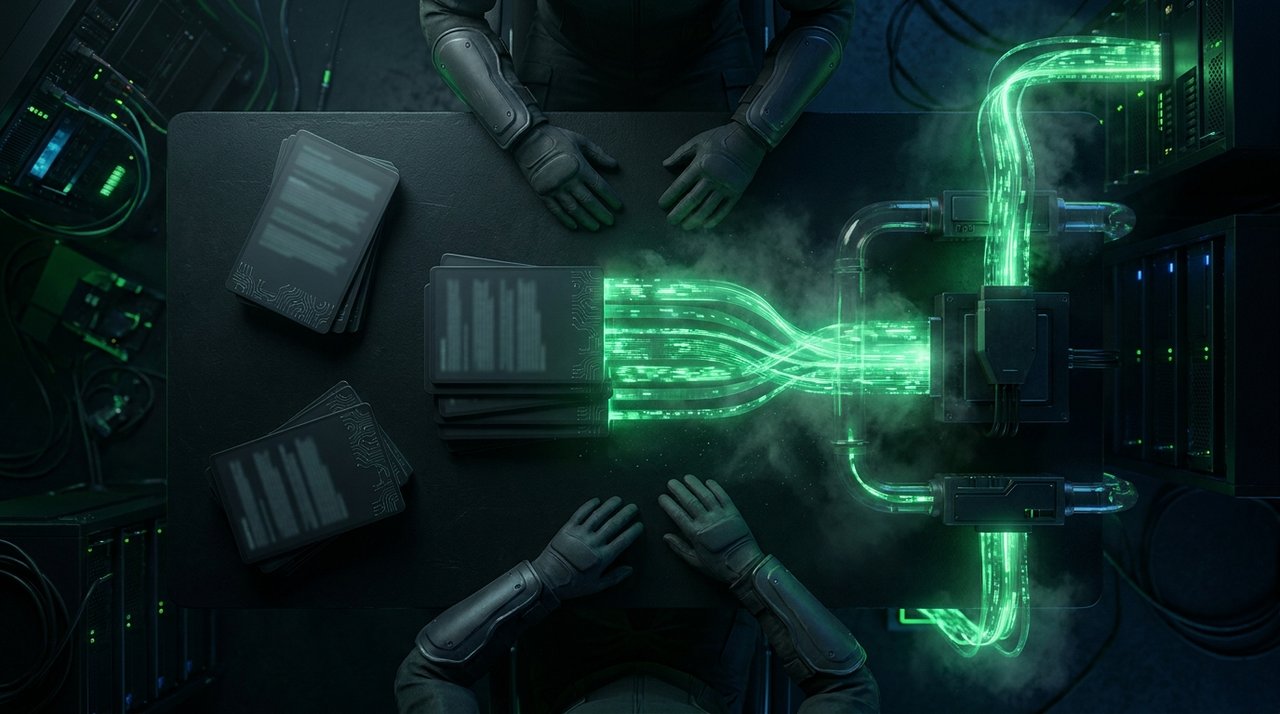 Repetitive desk tasks transforming into glowing green automated workflow streams
