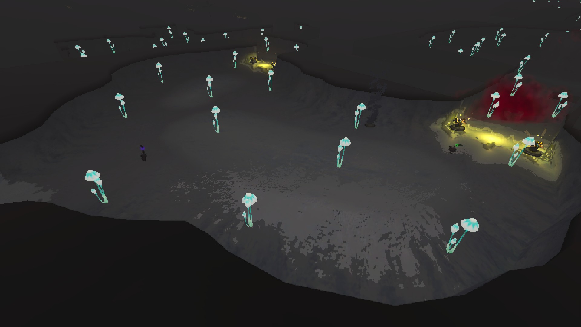 A wide-open intersection room, with exits blocked by electric hazards.