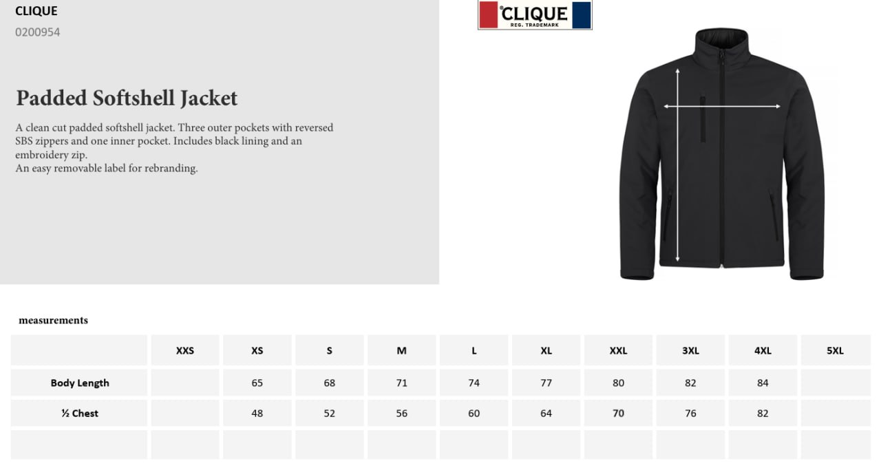 Guía de tallas chaqueta softshell acolchada AB-28