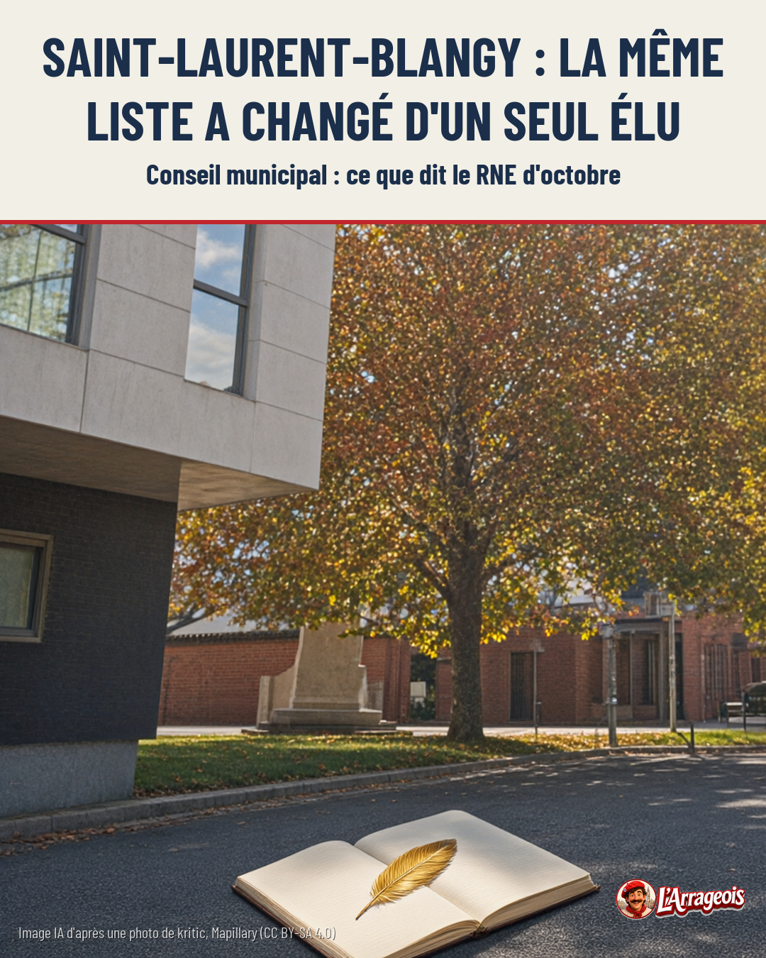Un livre ouvert avec une plume dorée sur le bitume, devant un bâtiment moderne et un arbre aux feuilles d'automne.