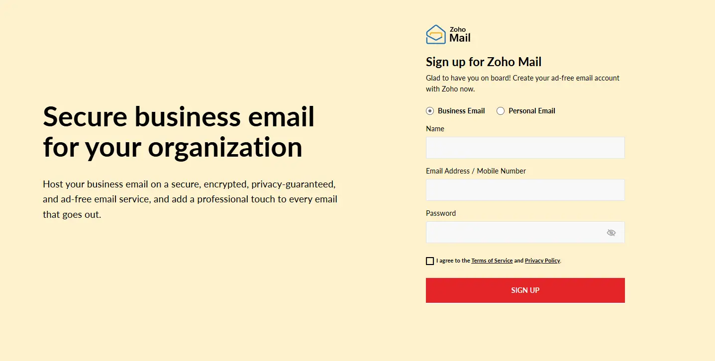 Halaman signup Zoho