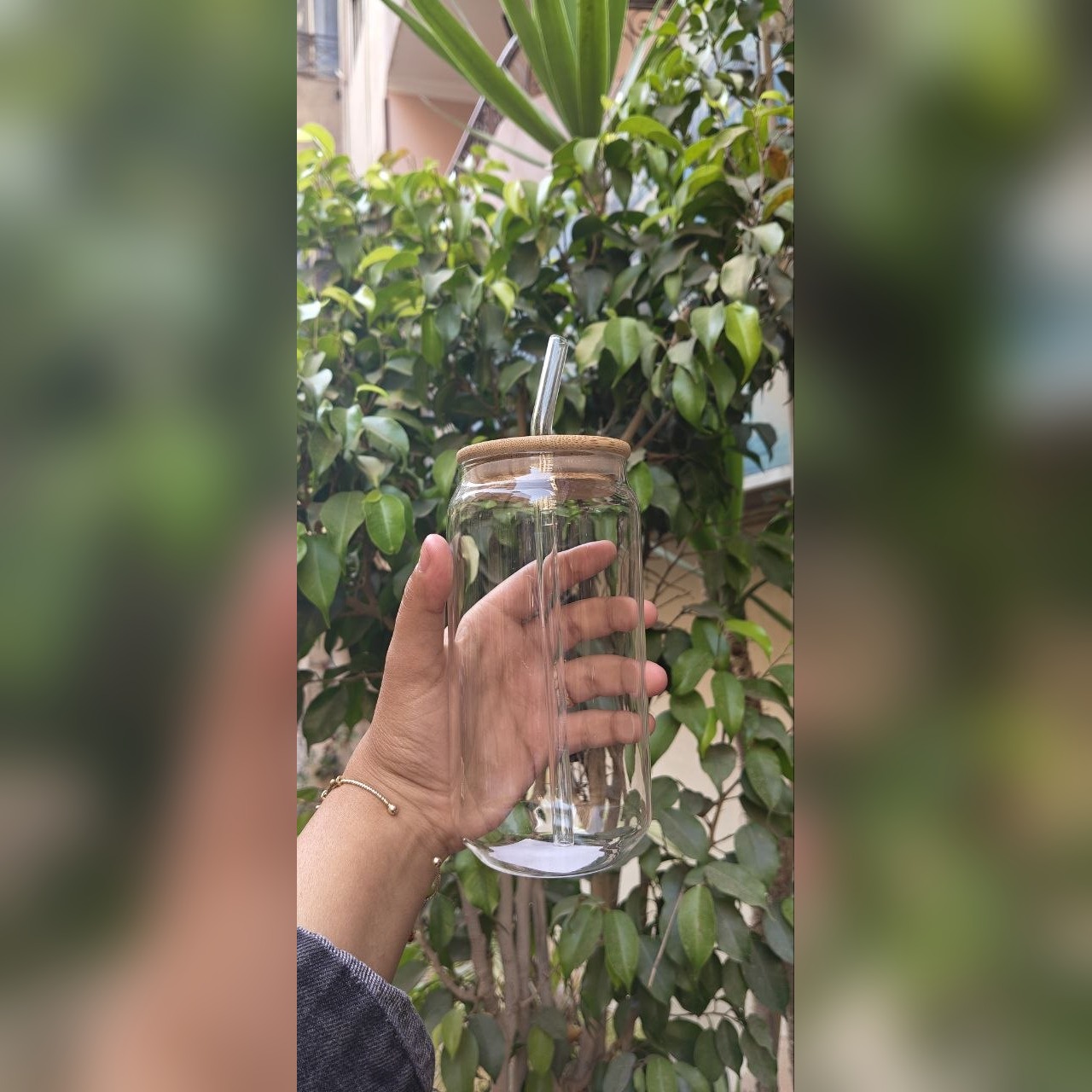 مج كانز زجاج بايركس بغطاء بامبو وشاليموه