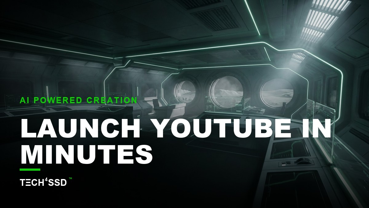 A stylized, minimalist image showing a futuristic AI interface with various content creation modules (script, voice, visuals) connected by glowing lines, leading to a YouTube play button icon, representing the speed of launching faceless YouTube channels with AI.
